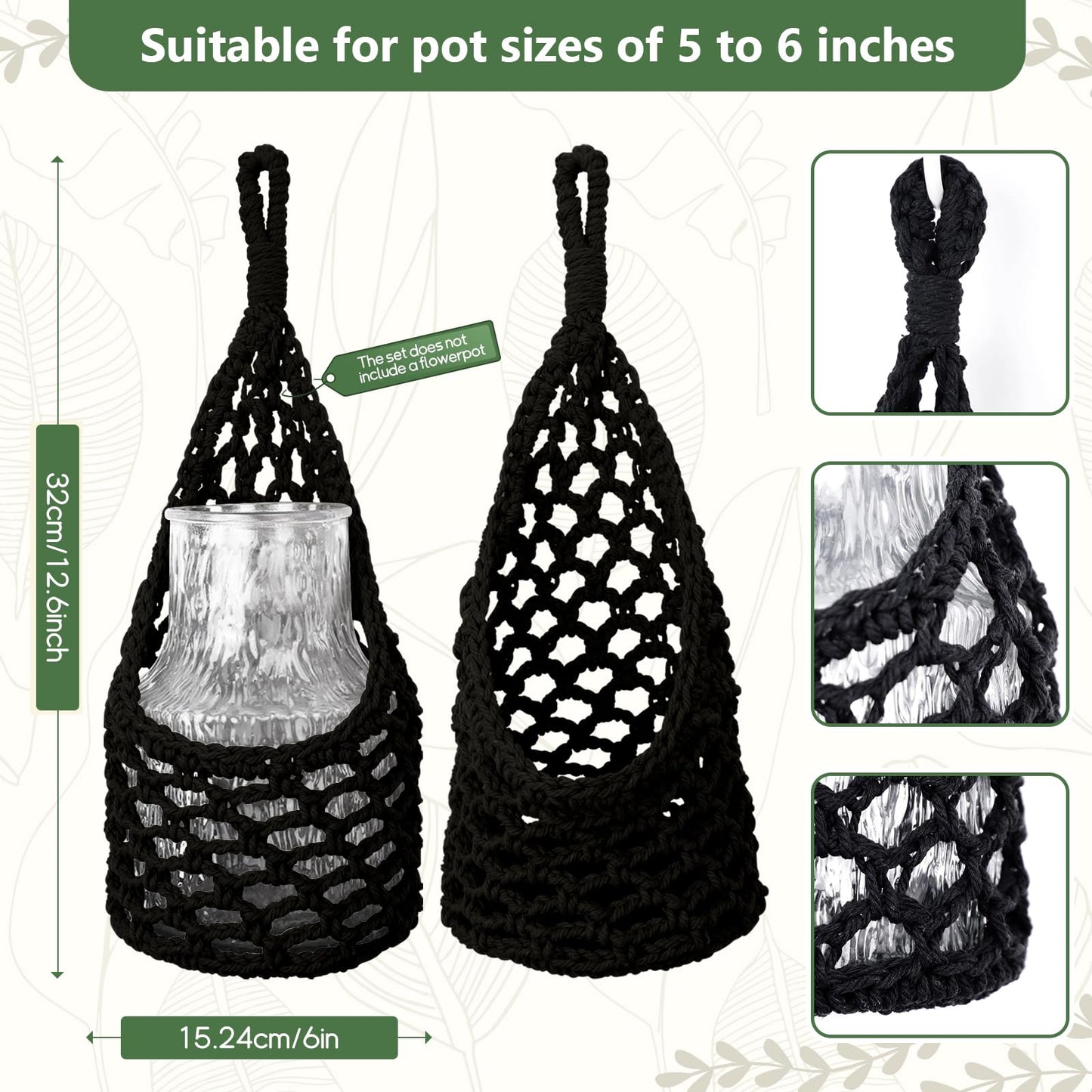 HOREAKHJ Macrame Wall Plant Hanger, Hanging Planter Basket Holder, Wall Planters for Indoor Plants, for Up to 6 Inch Pot (Black, 6-Inch)