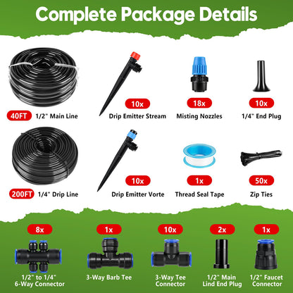 240FT Drip Irrigation System Kit Quick-Connect, Automatic Garden Watering System for Raised Garden Beds, Greenhouse, Yard, Lawn, Plant with 1/2 inch Hose 1/4 inch Distribution Tubing and Accessories