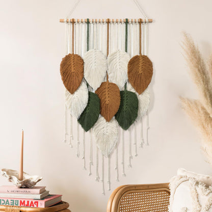 KHOYIME Macrame Wall Hanging Leaves Woven Tapestry, Boho Chic Home Decor Modern Bohemian Handmade Leaf Feather Wall Art Decorations for Apartment Dorm Living Room Bedroom Nursery Backdrop 16.5"x29.5"