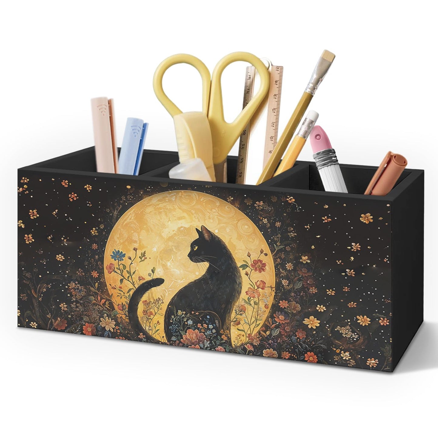 AQYIP Witchy Black Cat Pen Holder for Home Office Desk, Cat Lover Gifts, Witchy Moonlight Floral Black Cats Makeup Brush Toothbrush Holder Organizer for Bathroom Desk Accessories