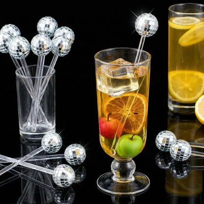 72 Pcs Disco Balls Cocktail Stirrers, Plastic Round Top Swizzle Sticks Mirror Disco Ball Stir Sticks Decorative Straws Drink Stirrers for 70s 80s Theme Party, Home Bar, Coffee Shop, Wedding (Silver)