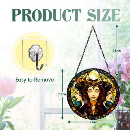 Greatingreat Stained Glass Window Hanging Hecate Triple Moon Goddess, Home Room Decor 7.8 Inch Sun Catchers Indoor Window, Whimsical Decor Pagan Wiccan for Women,Dark Feminine Energy
