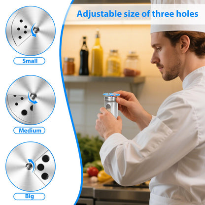 Glass Salt and Pepper Shaker Set with Seasoning Rack, Spice Rack, Adjustable Pour Hole Stainless Steel Lid, 2.8 oz, Spice Dispenser for Salt, Pepper, Spice Preservation (silver)