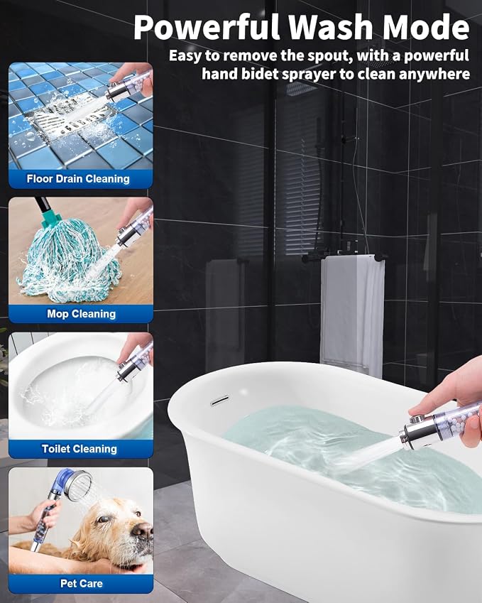 Filtered Shower Head for Hard Water with Stop, High Pressure 4-Mode Shower Heads Built-in Power Spray to Clean Corner, Tub & Pets, Water Softener Handheld Shower to Remove Chlorine & Fluoride