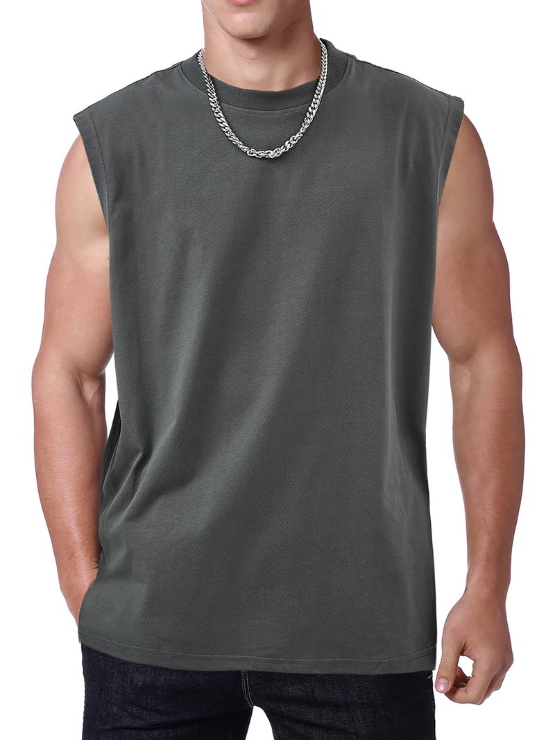 Mens Workout Tank Tops Sleeveless Tee Shirts Men Muscle Shirt Gym Cotton T Shirts Running Beach Loose Fit Tee（XZG,GY,S A-Grey