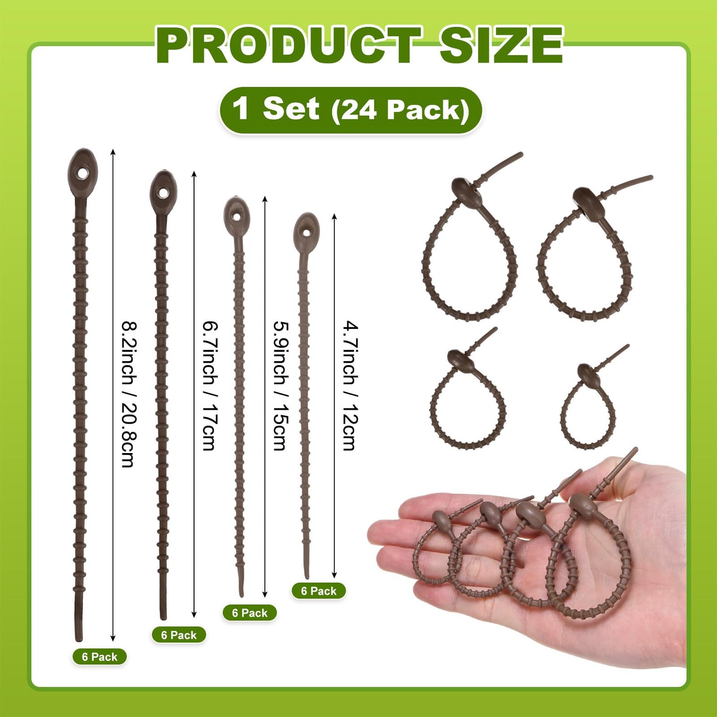 M METERXITY 48-Pack Adjustable Plant Ties, 4.7/5.9/6.7/8.2 Inch Silicone Flexible Multi-Function Garden Twist Tie for Crafts/Gift Wrapping/Gardening Plants, Reusable Support Twine [Brown]