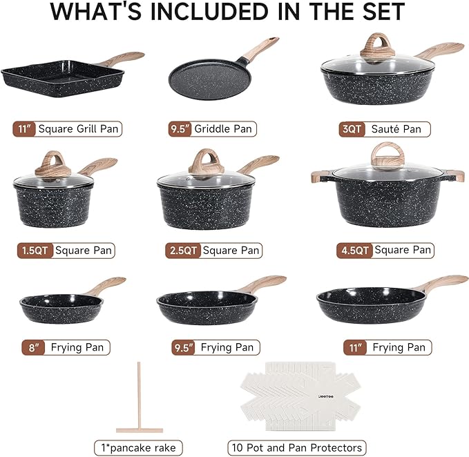 JEETEE 24Pcs Ceramic Cookware Set, Gray Pots and Pans Set Non Stick, Kitchen Healthy Non Toxic Induction Cookware Sets W/Saucepans, Sauté Pan, Griddle, Crepe Pan & Pancake Rake (PTFE, PFOSFree)