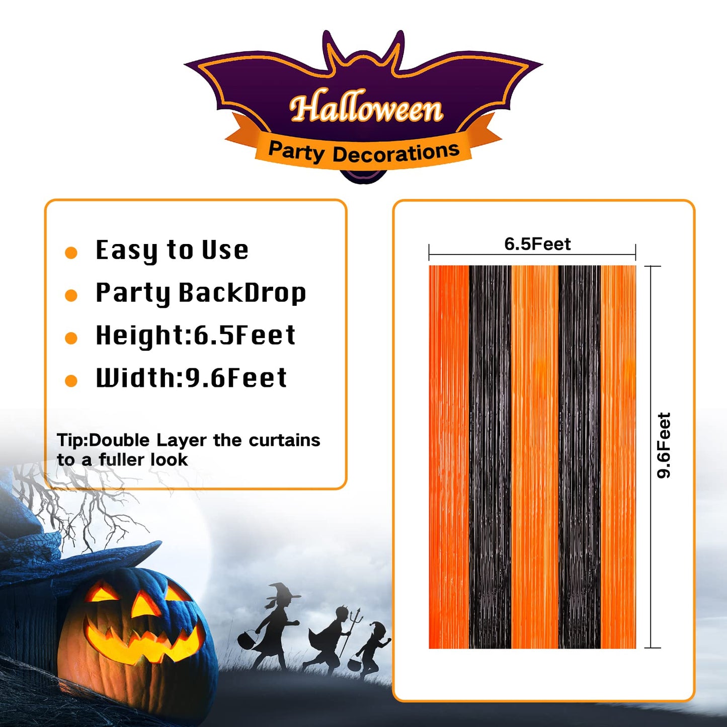 4 Pack Black and Orange Tinsel Foil Fringe Curtains, Halloween Party Photo Backdrop Streamers Backdrop for Birthday Anniversary Party Halloween Party Decoration