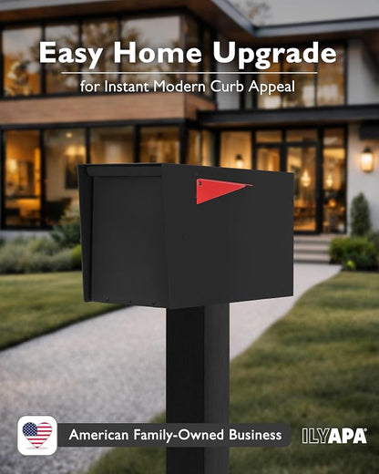 Ilyapa Modern Mailbox for Post Mount - Black with Black Door Heavy Duty Powder Coated Steel, Waterproof Letter Box for Curbside Parcels, Corrosion Resistant with Recessed Magnetic Close Door, Large