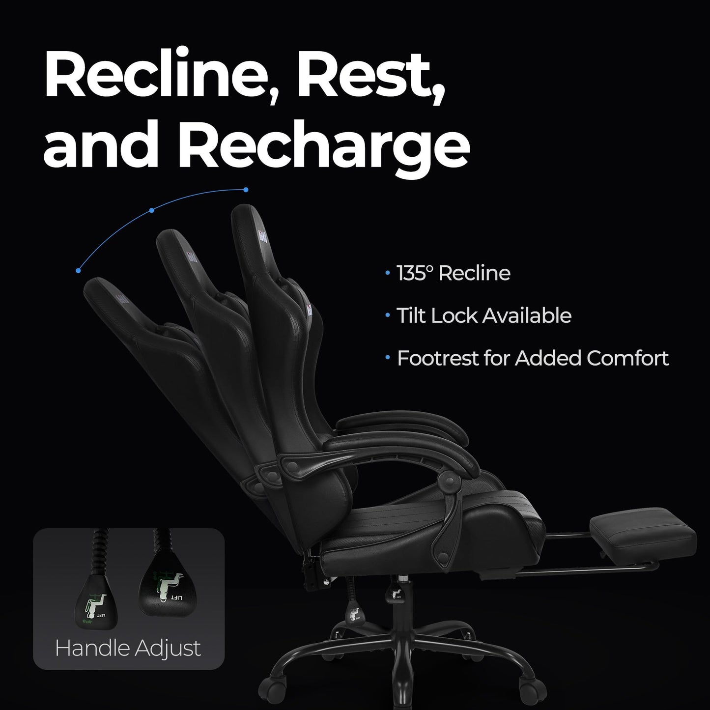 N-GEN Video Gaming Chair with Footrest High Back Ergonomic Comfortable Office Computer Desk with Lumbar Support Height Adjustable with PU Leather Recliner for Adults Women Men (Black)