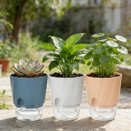 KIMCHOMERSE Self Watering Plant Pots 4.7 Inch, 3 Pack Indoor Planters with Drainage Holes & Saucers, Decorative Plastic Flower Pots for House Plants Home Office Decor (White, Pink, Blue)