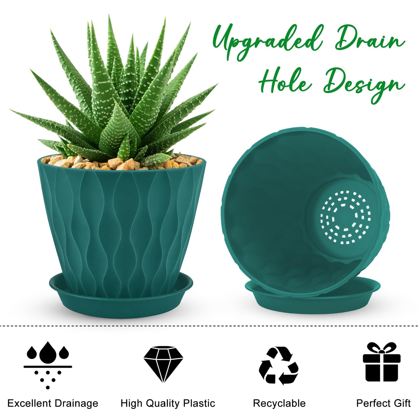YNNICO 6 inch Plant Pots, 6 Pack Flower Pots Outdoor Indoor, Planters with Drainage Hole and Tray Saucer-Blue