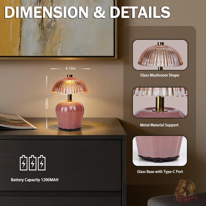 MJ PREMIER Rechargeable Table Lamp, Cordless Lamp with Timer, Mini Glass Mushroom Lampshade, Small Table Lamps, Decorative Led Light for Bedroom Living Room Shelf (Pink)