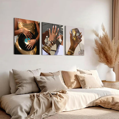 Black Girl wall Art Set of 3, African American Woman Wall Decor Fashion Gold People Music Poster Canvas Prints Paintings Pictures for Bedroom Living Room Decoration 12x16 inch Framed