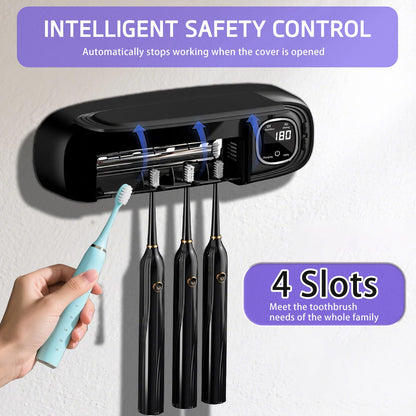 Wall Mounted Toothbrush Holders for Bathrooms, 4 Slots UV Toothbrush Sanitizer and Holder with Air Drying 3000mAh Rechargeable Cordless UV Toothbrush Cleaner with Timer Function & No Drilling (Black)