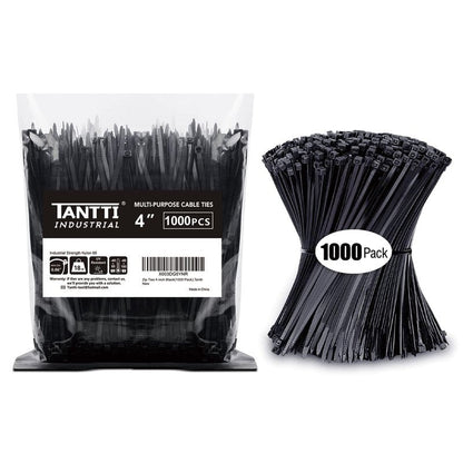 Zip Ties 4 inch, Small Zip Ties with 18 lb Tensile Strength, Black, 1000 Pack, by Tantti Supply