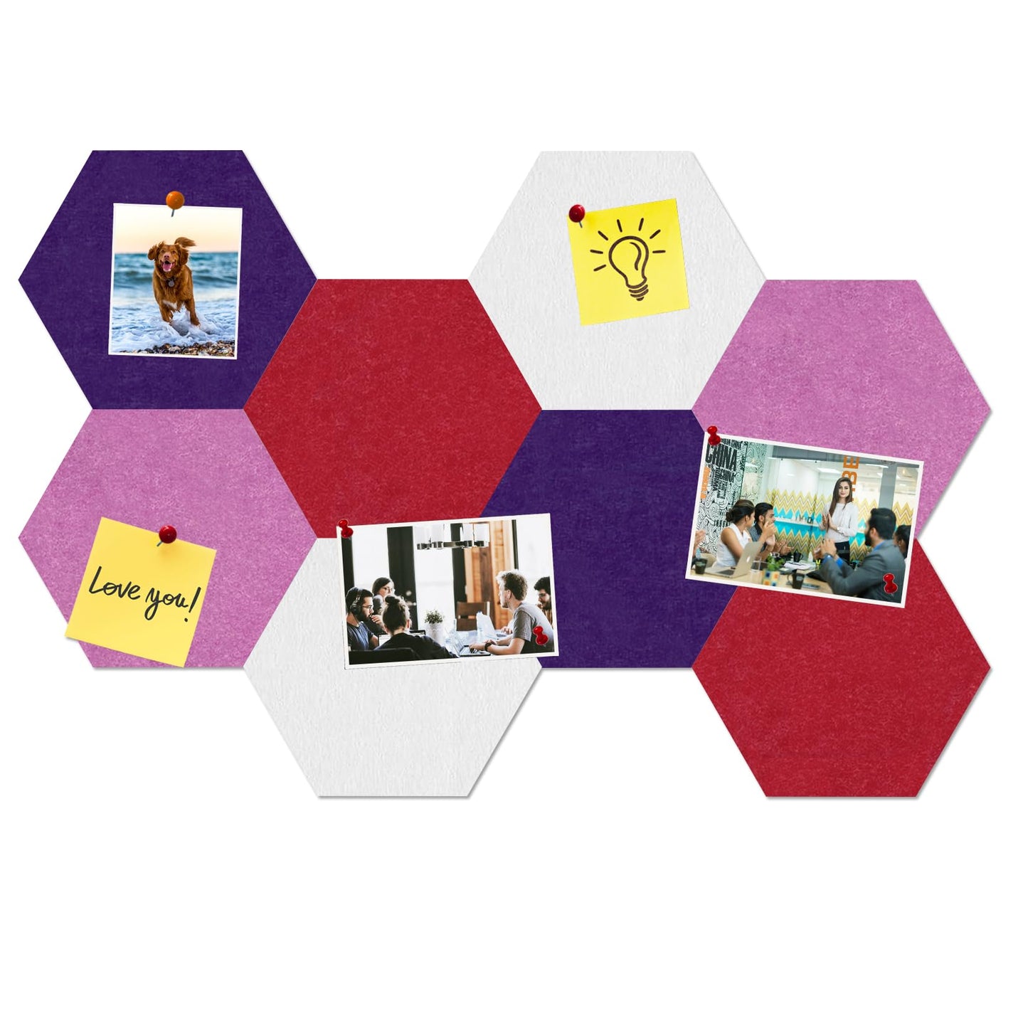 HULAVO Large Hexagon Felt Cork Board Tiles, Self Adhesive DIY Felt Bulletin Board Pin Board with 35 Pushpins for Office School Home Wall Decor(Purple+Light Purple+Deep Red)