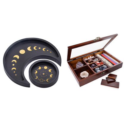 Crescent Moon Tray Crystal Holder Set, Adjustable Rock Display Case, Rock Collection Box with Shelves, Wood Crystal Organizer for Stones Storage,Gem Holder with Lid for Seashell