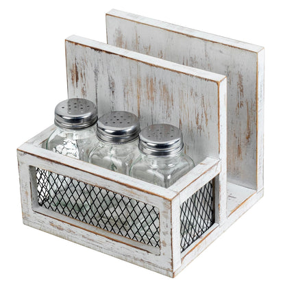 FARM IN Napkin Holder, Farmhouse Multifunctional Napkin Holder with Salt and Pepper Shakers Holder for Home and Commercial Use, Rustic Solid White Washed Wood & Diamond Metal Wire Mesh