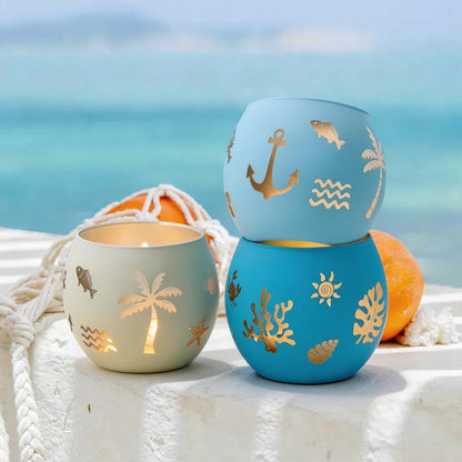 Coastal Ocean Glass Votive Candle Holders Set of 4, Laser Etched Nautical Tealight Holders with Anchor, Palm Tree & Sea Life Patterns, Summer Blue Glass Centerpiece for Home Spa Party Gift