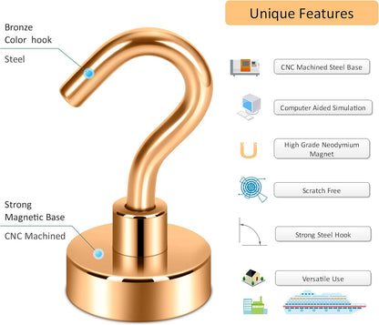 Neosmuk Magnetic Hooks,30lb Heavy Duty Earth Magnets with Hook for Refrigerator, Extra Strong Cruise Hook for Hanging, Magnetic Hanger for Curtain, Grill (Bronze, 4 Pack)