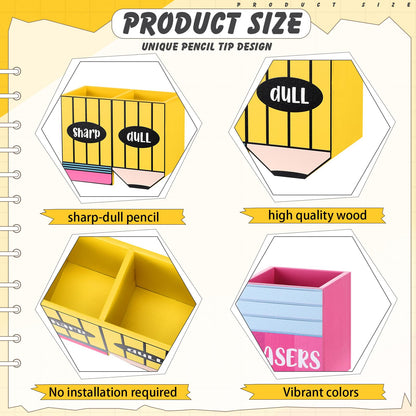 Eaasty Pencil Shaped and Sharp Dull Holder Eraser Wooden Dispenser Pencil Storage 3 Compartments for Back to School Teachers Classroom Organization(2 Pack,Simple)