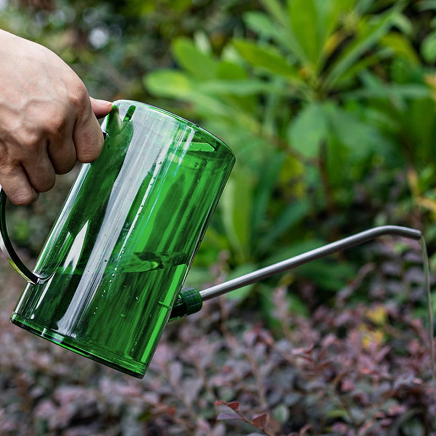 Goose Neck Watering Can, 1L/1000ml Watering Can for Indoor Plants Clear Plastic Water Can with Stainless Steel Long Spout for Home Office(Green)