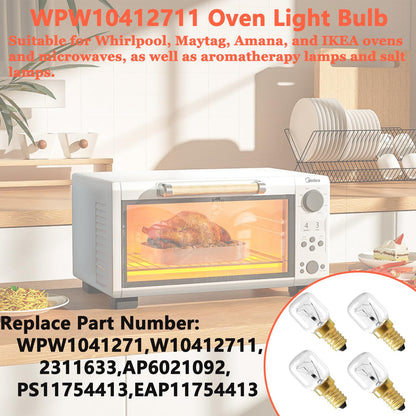 4 PCS WPW10412711 Microwave Oven Bulbs, E14 25W 2700K 110V~130V Microwave Bulbs, Suitable for Whirlpool, Maytag, Amana, IKEA AP6021092 PS11754413 EAP11754413 High-Temperature Resistant Bulb 300°C
