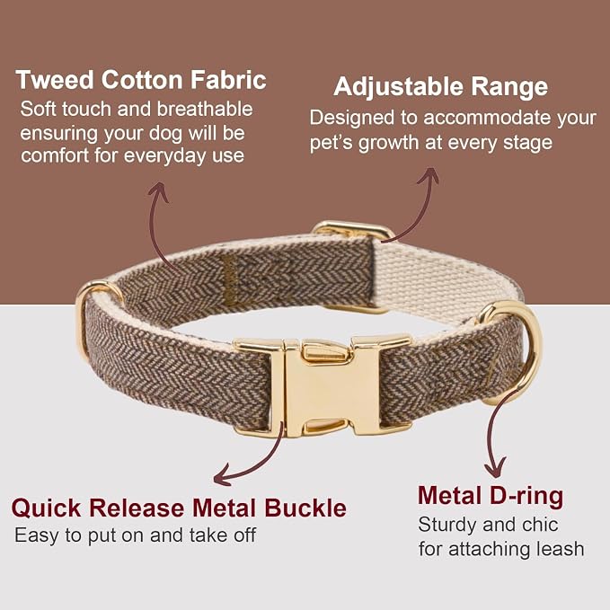 Soft Cotton Hemp Dog Collar with Metal Buckle Adjustable Tweed Dog Collars for Small Medium Large Dogs(Coffee,Large)
