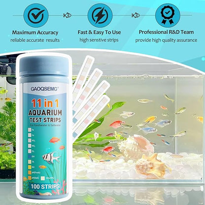 Aquarium Water Test Kit 11 in 1,100 Counts Ammonia Aquarium Test Kits Fish Tank Test Strips Freshwater & Saltwater pH Testing Strips for Ammonia,