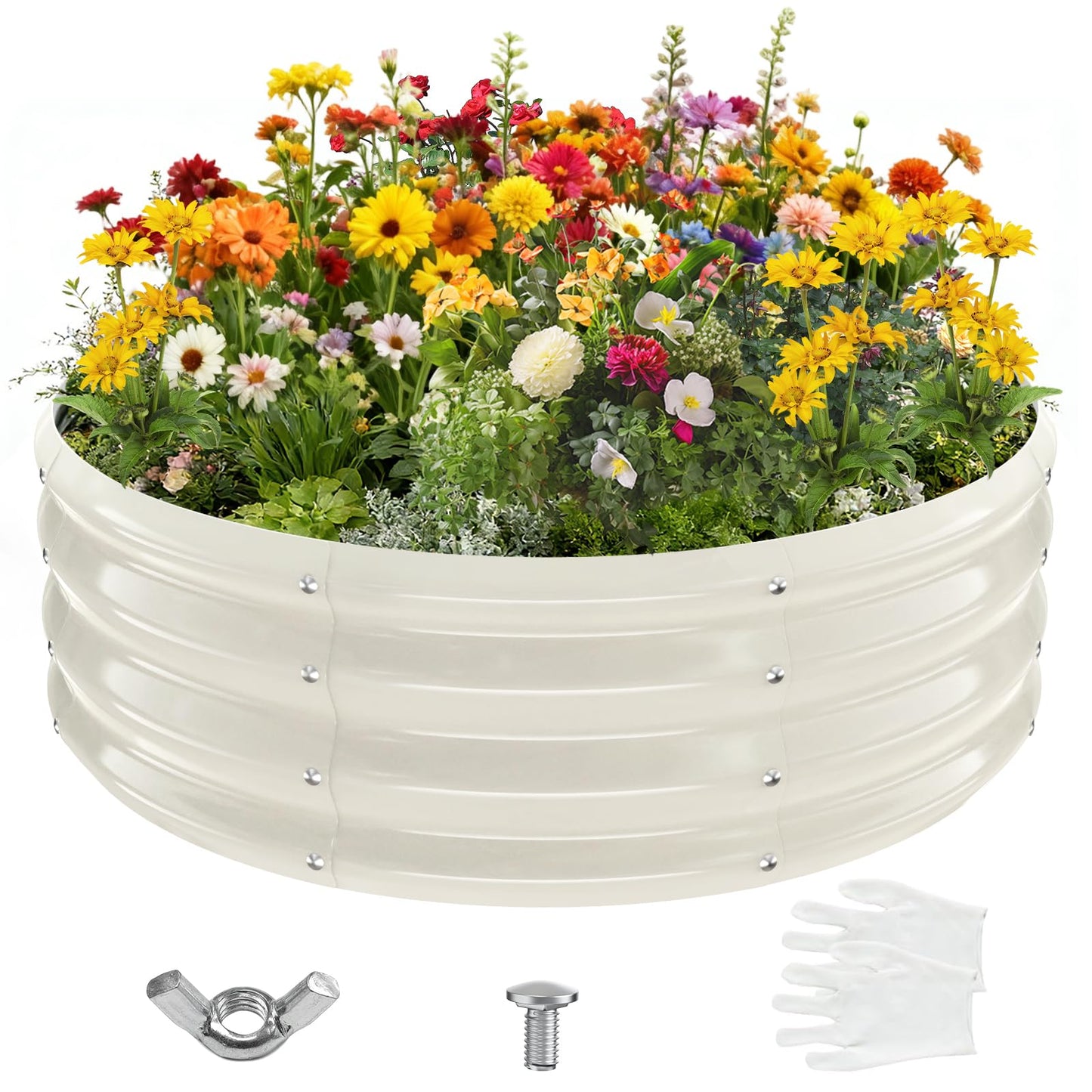 YSEJOMP 3FT Diameter Galvanized Garden Raised Bed/Plant Box/Fire Pit Ring - 0.8mm Thick,12 Inch Tall,Perfect for Planting a Variety of Flowers,Herbs,Vegetables (Cream White, 36 Dia X 12 inches)