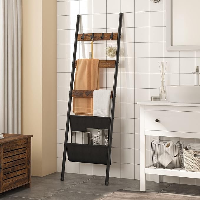 HOOBRO 5 Tier Blanket Ladder with Magazine Pocket and 6 Tier Towel Rack Bundle, Wall-Leaning Blanket Rack for Living Room, Decorative Ladder with 4 Hooks, Rustic Brown BF32CJ01-BF66CJ01