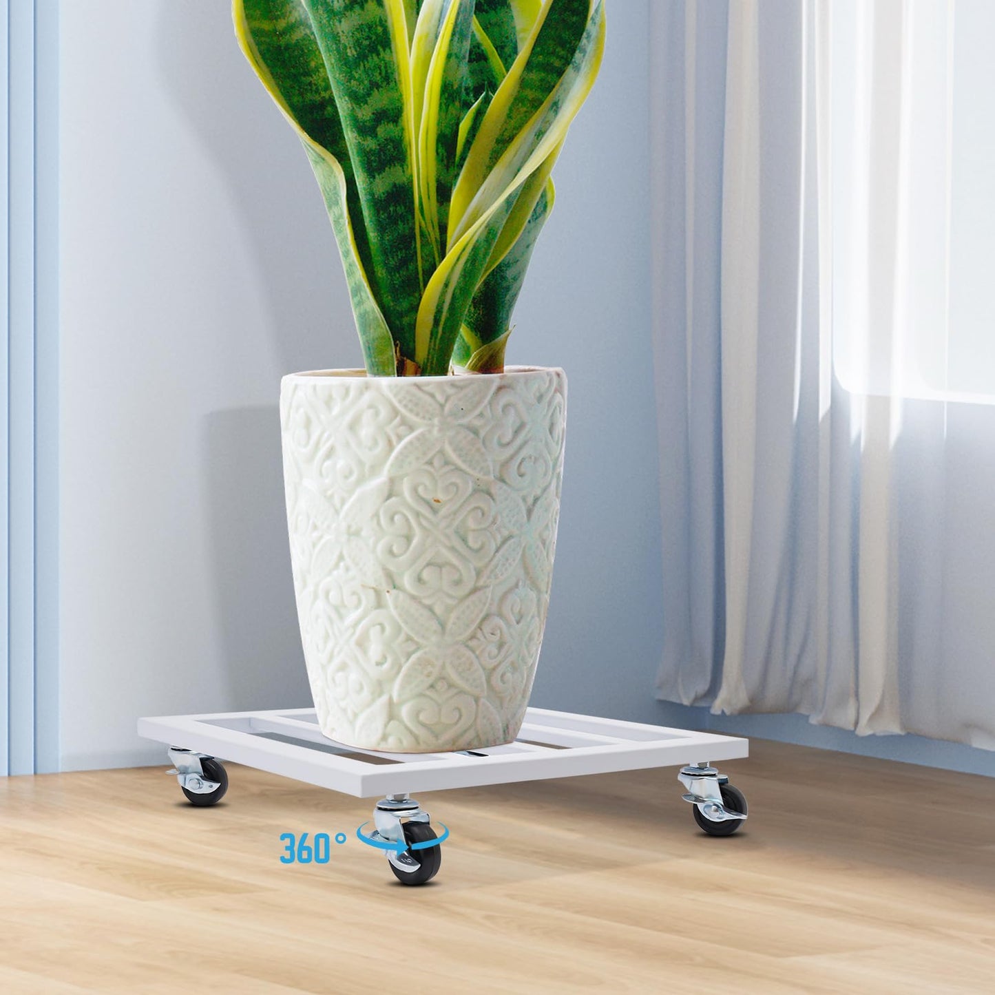 Plant Caddy with Wheels Plant Caddy with Lockable Caster Metal Square Planter Dolly Holds up 150 Lbs Strong Plant Stand for Indoor, Outdoor (White (14 inch))