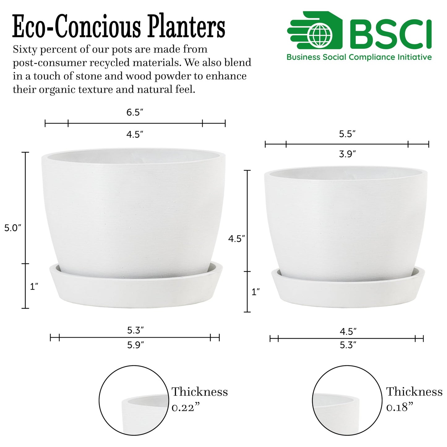 Kin 'n' Kind Set of 2 Minimalist Plant Pots (6.5" & 5.5") – Modern Indoor Planters with Drainage & Saucers & Plugs – Durable Eco-Conscious Composite, Indoor/Outdoor - Ventura Mist White