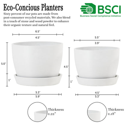 Kin 'n' Kind Set of 2 Minimalist Plant Pots (6.5" & 5.5") – Modern Indoor Planters with Drainage & Saucers & Plugs – Durable Eco-Conscious Composite, Indoor/Outdoor - Ventura Mist White