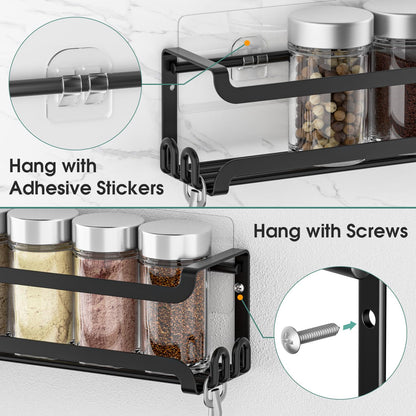 LUCYCAZ 4 Pack Wall Mounted Spice Rack with 16 Hooks, Spice Organizer Shelf for Stove Cabinet Pantry Door,Screw or Adhesive Spice Shelf Hanging Wall Spice Rack in Kitchen and RV (Black, 4 PACK)