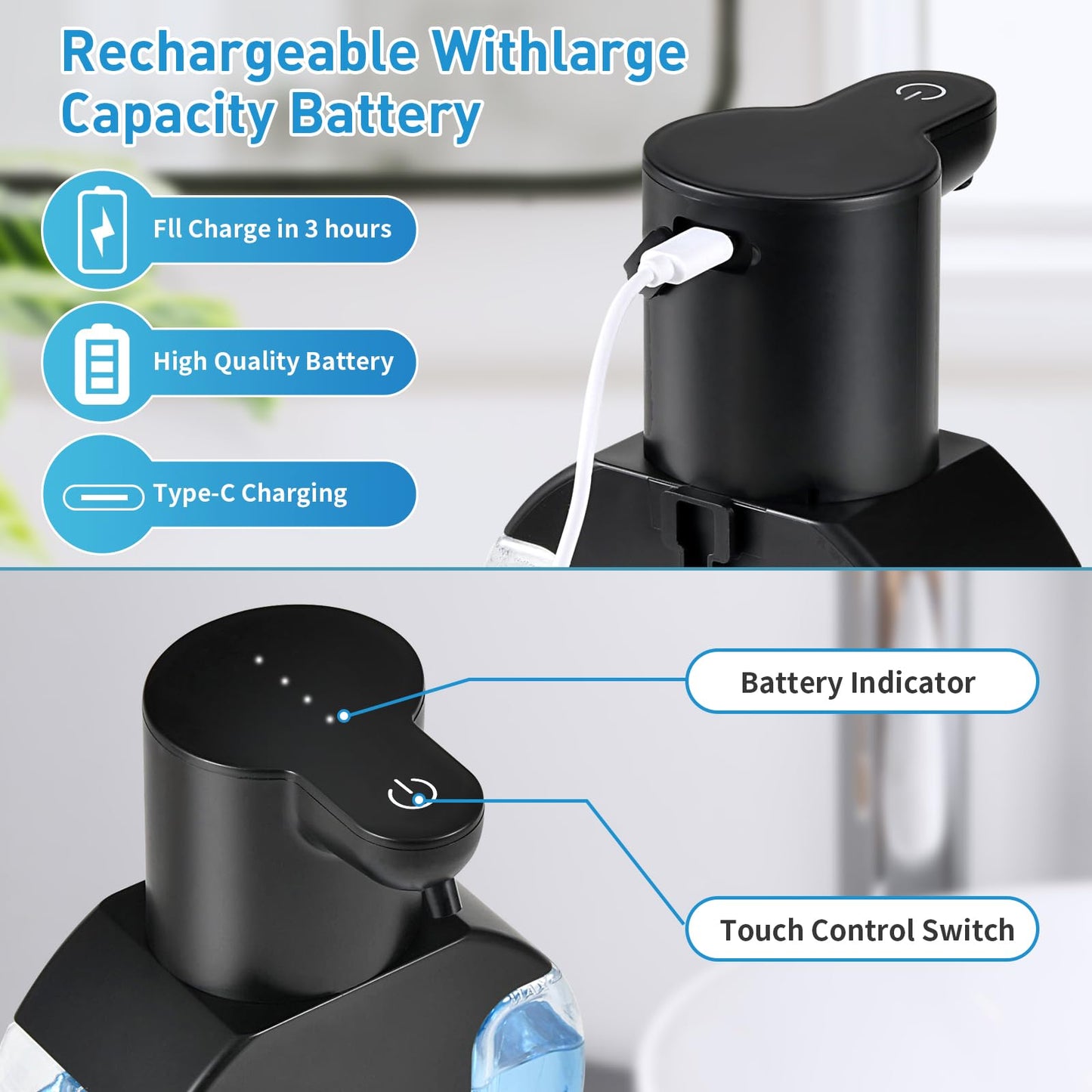 Foam soap Dispenser 15oz/420ml Foaming Hand Sanitizer Touchless Wall Mount with 4levels Adjustable Free Touch Electric Rechargeable with Sensor for bathrooms Kitchens Offices