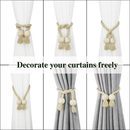 Nieffeiy 6 Pack Magnetic Curtain Tiebacks Cotton Hand Woven Tie Back Decorative Rope Holdbacks for Curtains Draperies No Tools Required, Dark Beige