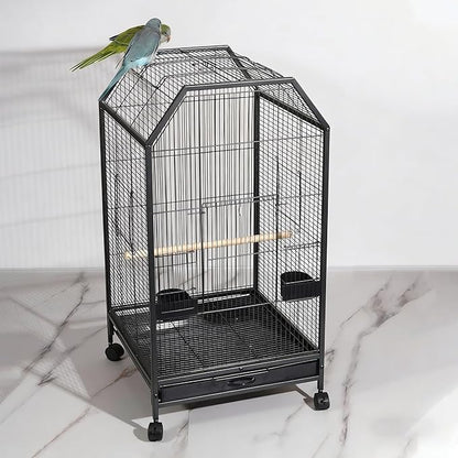 40inch Bird Cage with Rolling Wheels, Open-Top Parrot Cage Sturdy Iron Pet Bird Flight Cage Large Birdcage for Parrots Cockatiels Conure Budgie Canary (Black)
