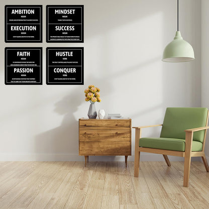 Motivational Office Wall Decor Inspirational Success Canvas Wall Art Hustle Mindset 3 Pieces Posters Prints Wall Picture Artwork Home Living Room Bedroom Framed Ready to Hang - 12"x12"x4PCS