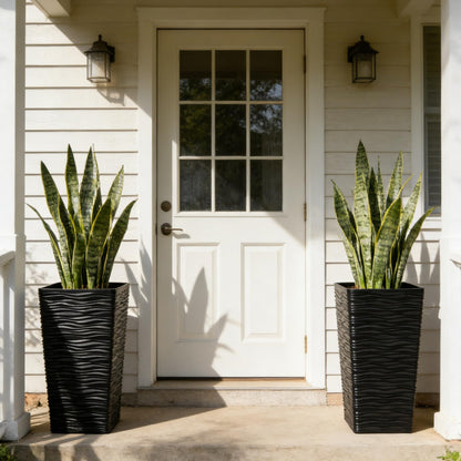 Worth 2 Pack 22" Tall Plastic Square Tapered Planter with Inside Pots for Indoor or Outdoor Use, Modern Wavy Finish for Front Porch or Deck, Black