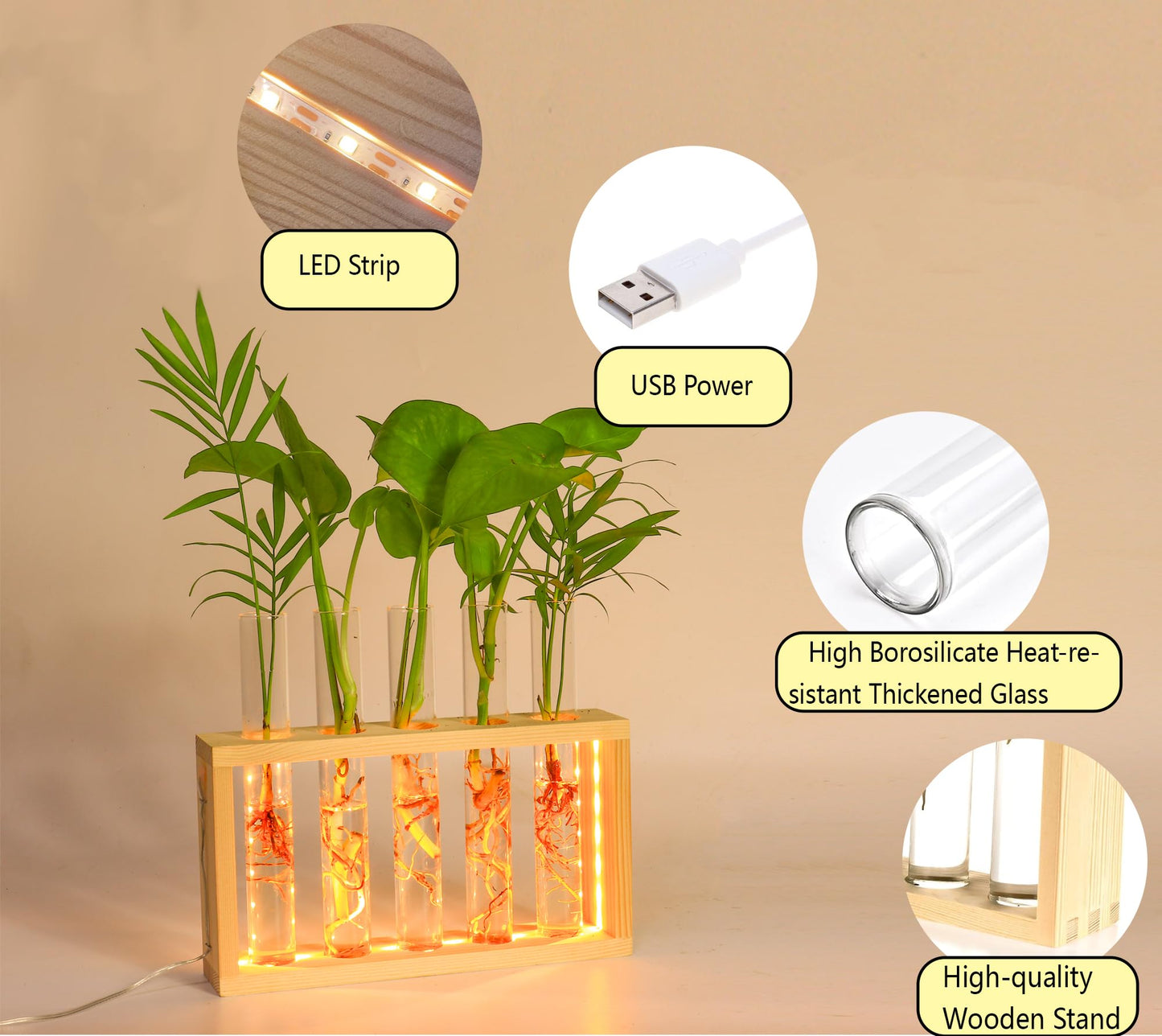 Plant Propagation Station with LED Lights, Plants Terrarium with Wooden Stand, 5 Glass Test Tube Vases for Propagating Hydroponic Plants Cutting Office Home Desk and Garden Decor Gift for Plant Lovers