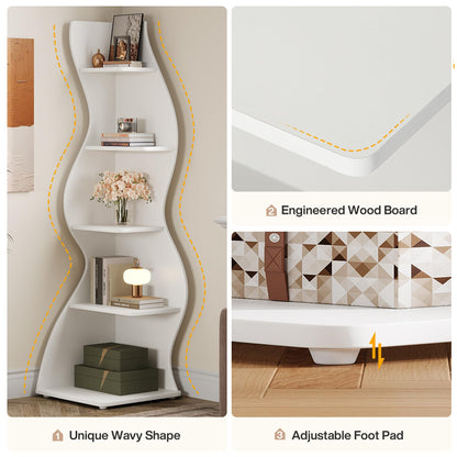 Tribesigns Wavy Corner Shelf, Modern 5-Tier Bookshelf Bookcase with Curvy Shape, Unique Plant Stand Display Rack for Living Room Small Space (White)