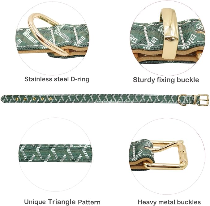 Leather Dog Collar and Leash Set, Check Pattern Dog Collar Leashes Metal Buckle Adjustable Durable for Small Medium Large Dogs (Green, XL(18-22IN))