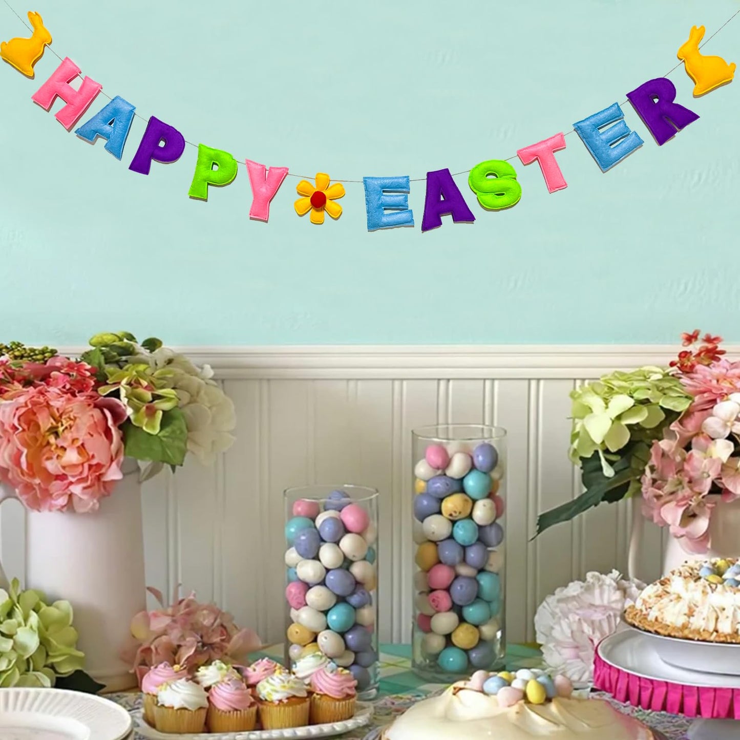 Meygajoe Pre-Strung Reusable Happy Halloween Banner Felt Garland Happy Holiday Sign for Halloween Party Decorations Indoor Outdoor Décor Wall Mantel Fireplace Party Supplies (Happy Easter)