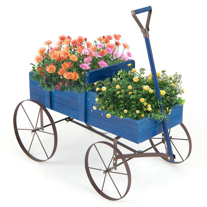Giantex Decorative Garden Planter, Small Wagon Cart with Metal Wheels, Wood Raised Beds Plant Pot Stand for Backyard Garden Patio 24.5”Lx13.5”Wx24”H (Blue)