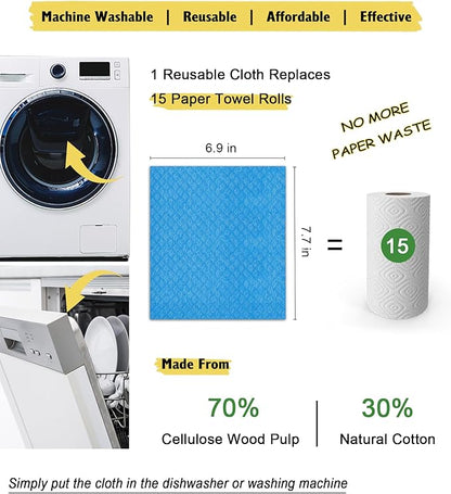 MoLKENE Swedish Dishcloths for Kitchen | 6 Pack Absorbent Cellulose Sponge Cloths Washable | Non-Scratch Reusable Paper Towels Quick Drying Cleaning Cloths - Blue