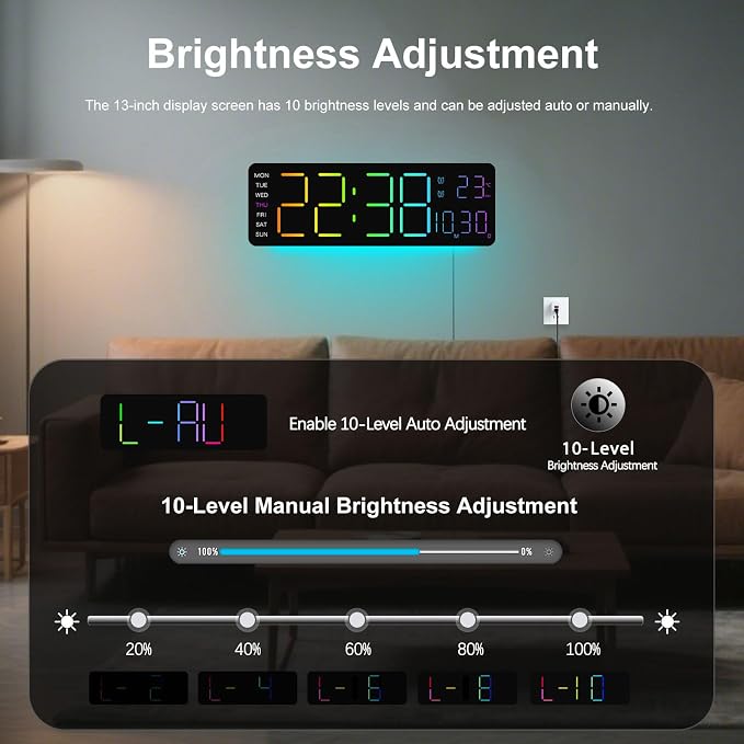 JoFomp LED Digital Clock Large Display with RGB Color Remote Control, 13" Large Digital Wall Clocks for Living Room Decor, Digital Alarm Clock with Temp/Timer/DST/Dimmer/Ambient Light - 12/24H