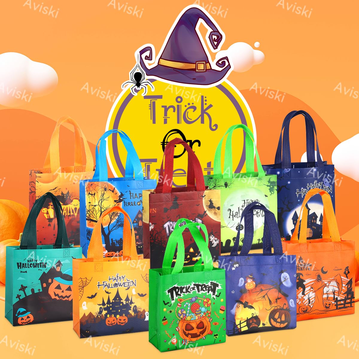 Aviski 20PCS Halloween Trick or Treat Totes, Small Multifunctional Non-Woven Halloween Bags for Gifts Wrapping, Party Supplies