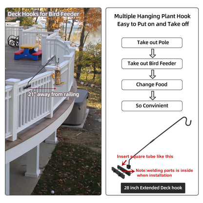 Monalife Deck Hook Railing Mount - Heavy Duty Metal Shepherds Hook Bracket for Outdoor Plant Hanger, Bird Feeder Hanger, Plant Hooks, Flower Baskets, Lanterns - 360° Rotating Pole, Extended Arm